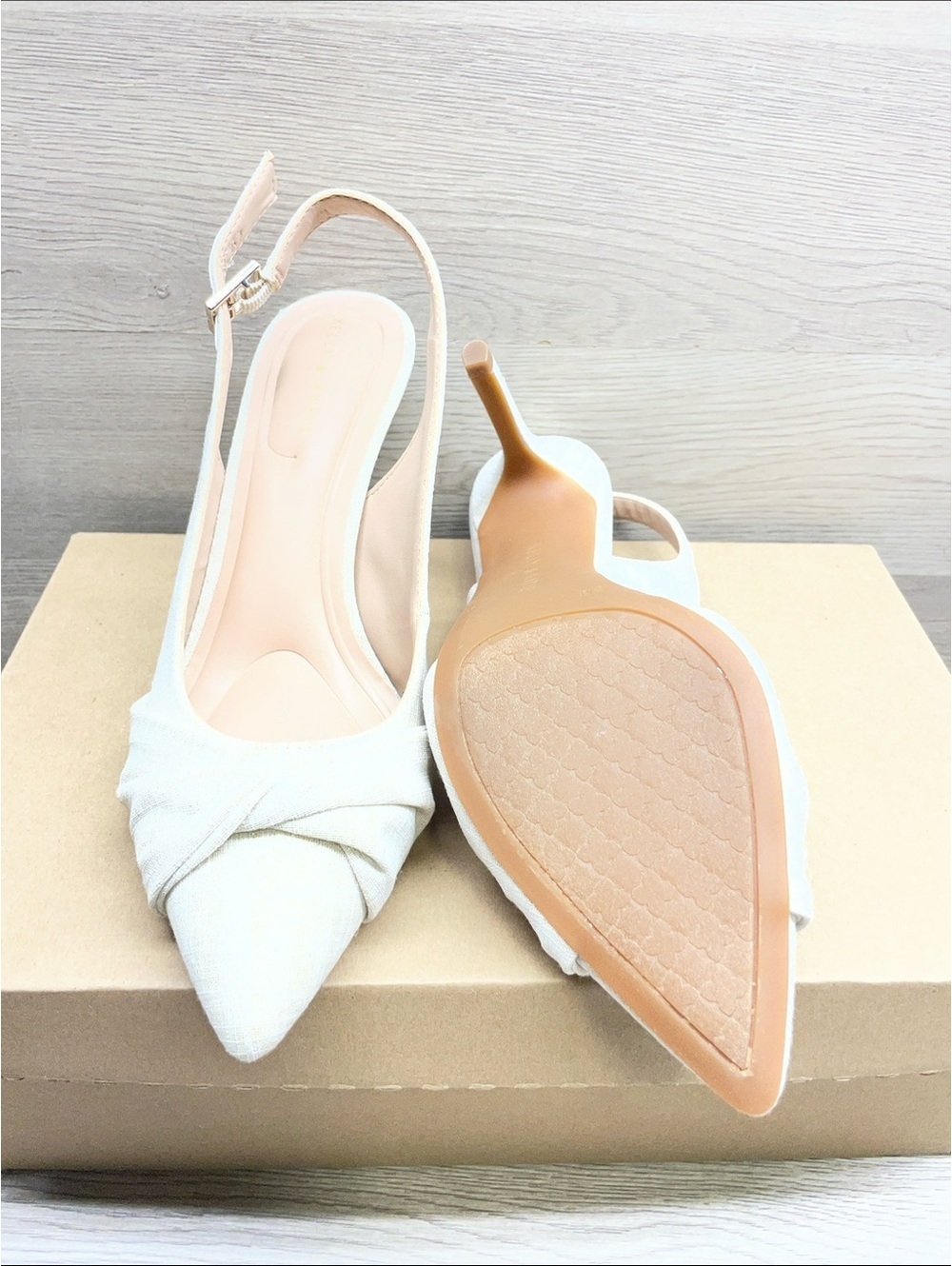 Kelly & Katie Off-White Pointed Slingback Heels with Knot Accent #207
